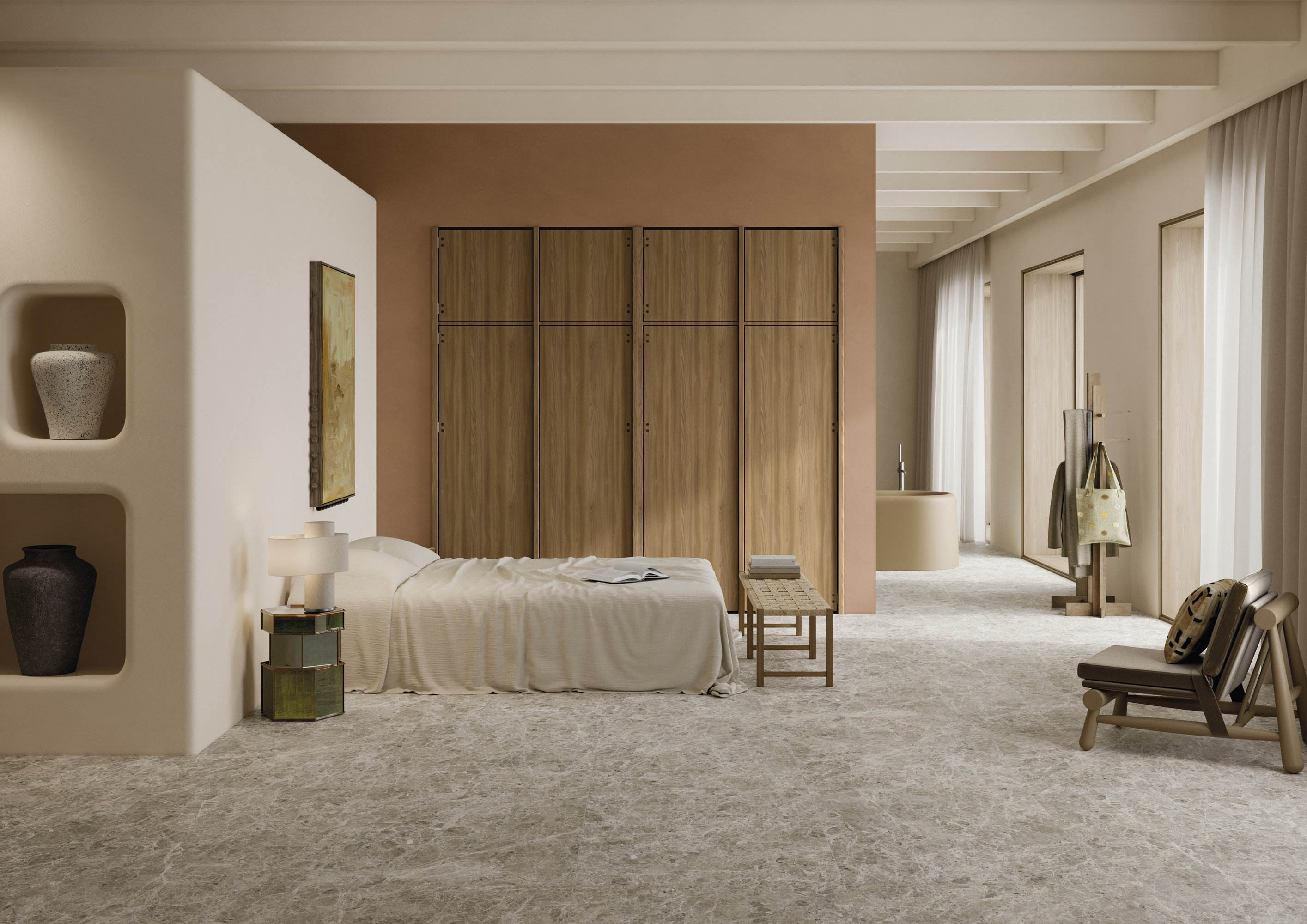 Stylish bedroom with Porcelaingres tiles in light grey and warm wood tones.
