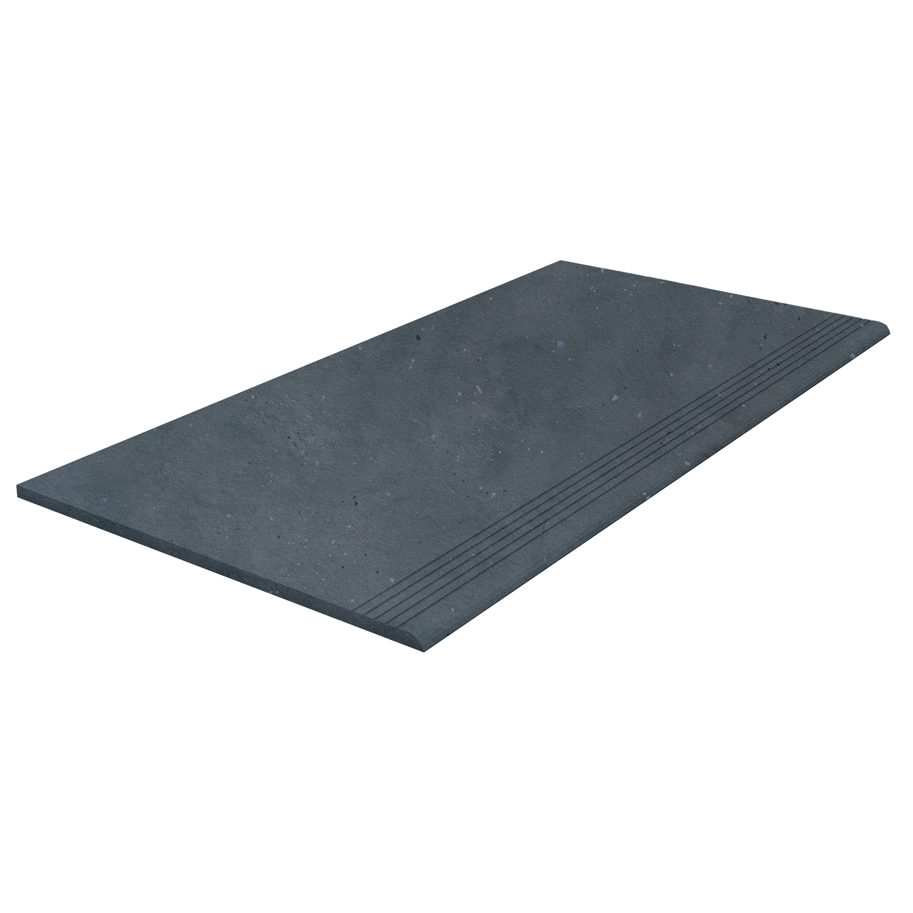 Anthrazitfarbene Fliese mit rutschhemmenden Rillen an der Kante.