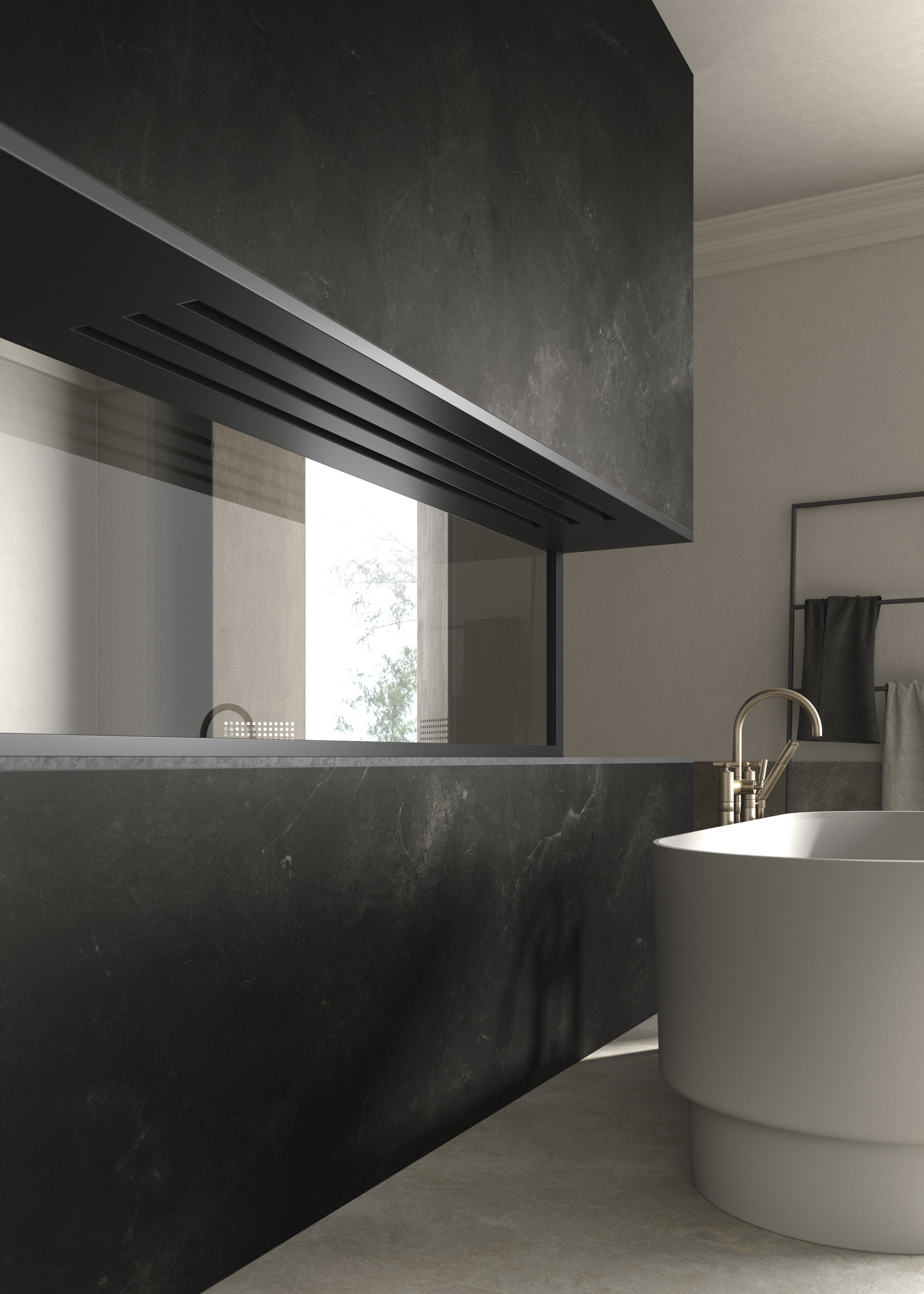 Modernes Bad mit großformatigen dunklen Fliesen und freistehender Badewanne.