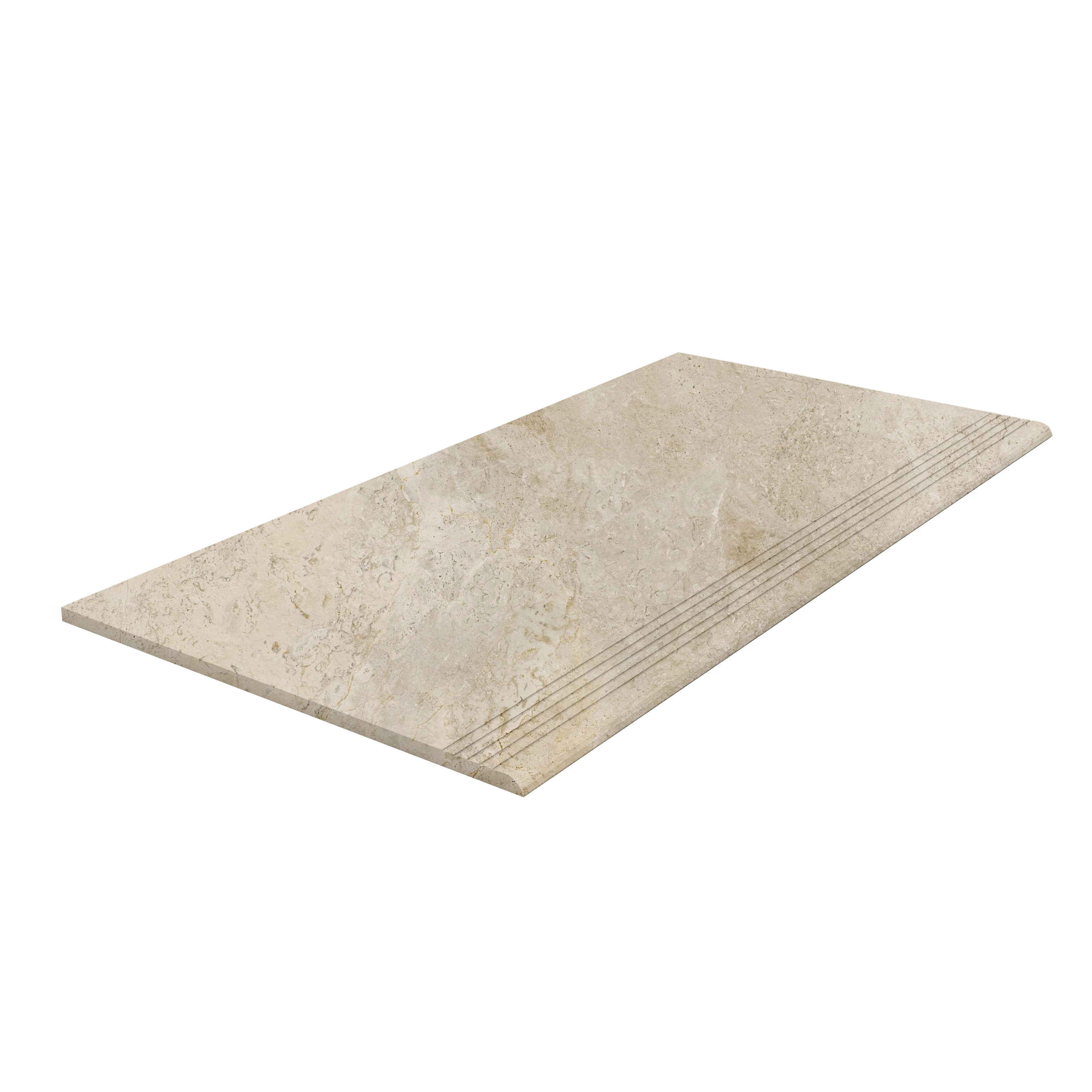 Beige natural stone look step tile with anti-slip grooves.