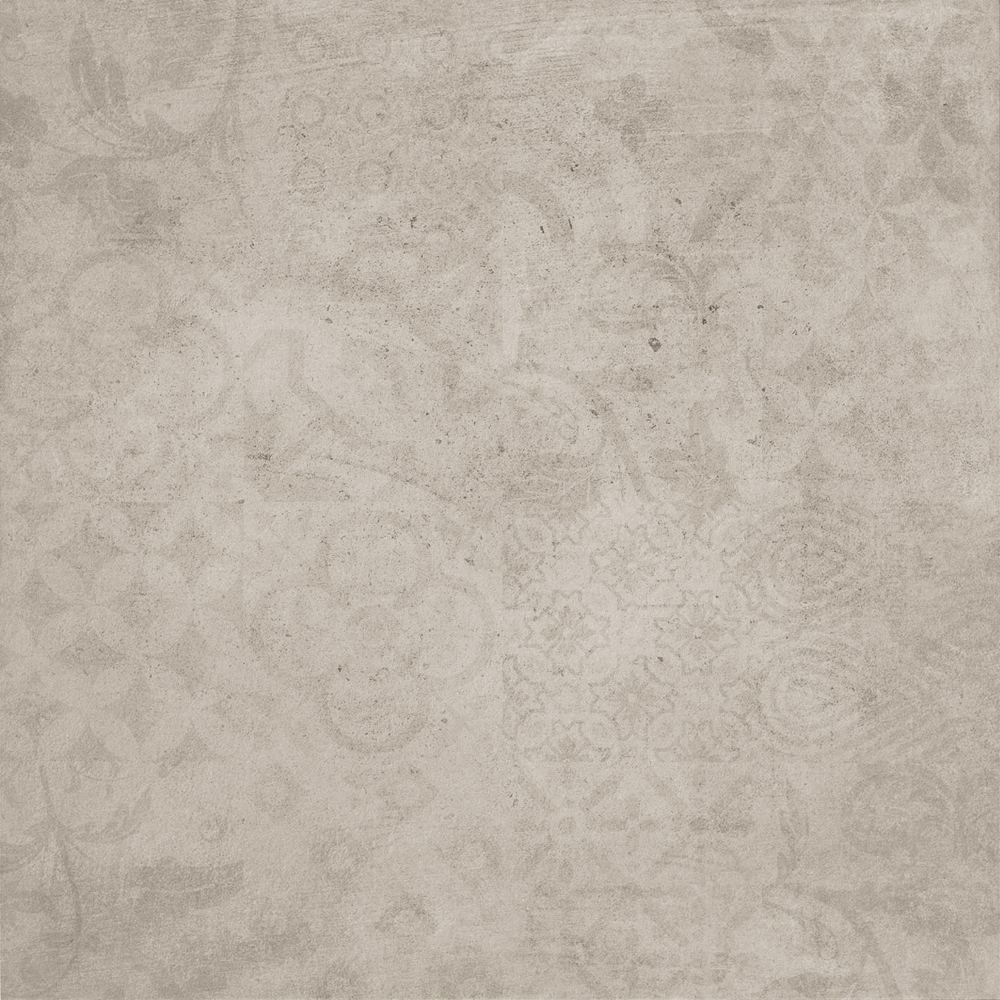 : Grey-beige tile with faded, ornamental patchwork patterns.