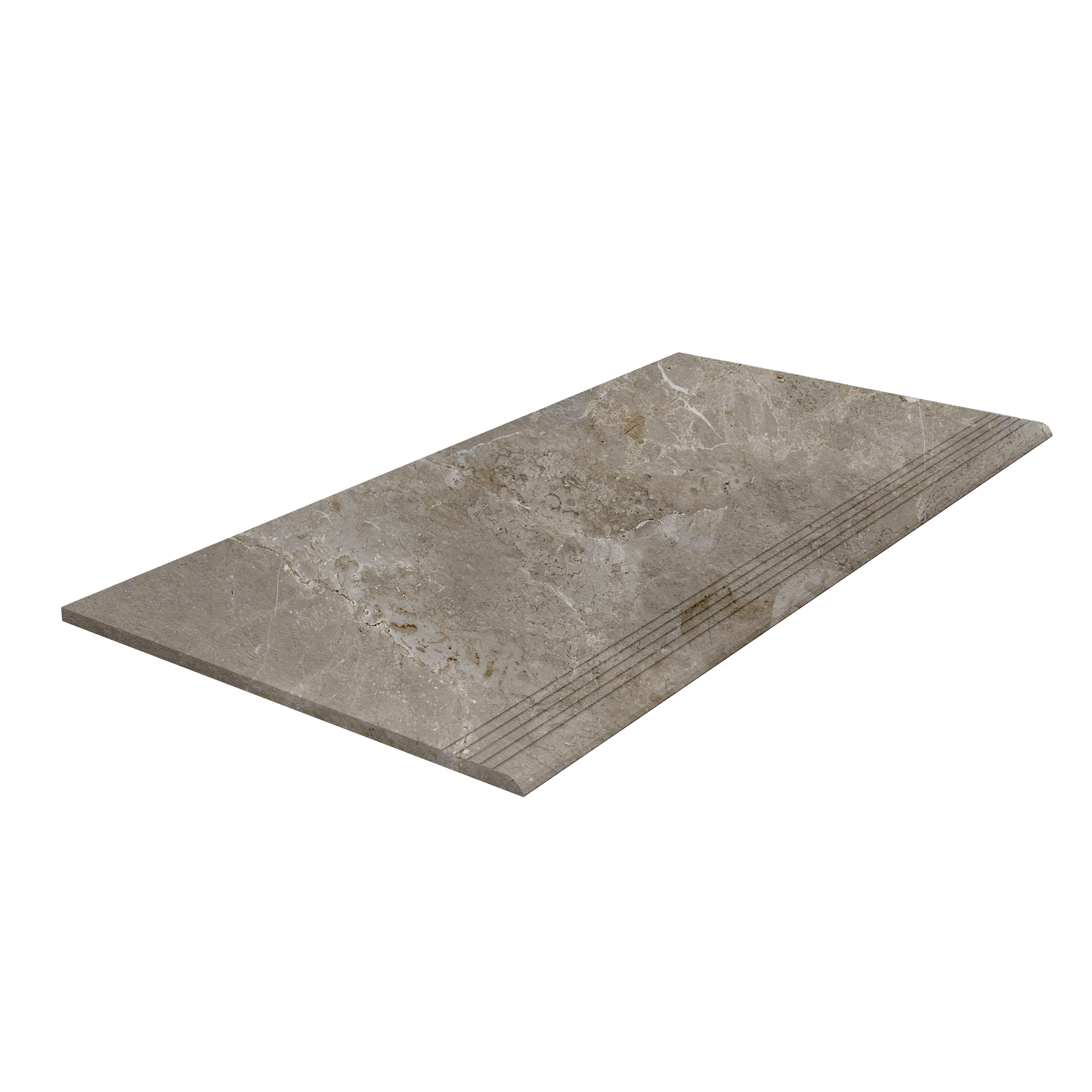 Beige marble-effect step tile with anti-slip grooves.