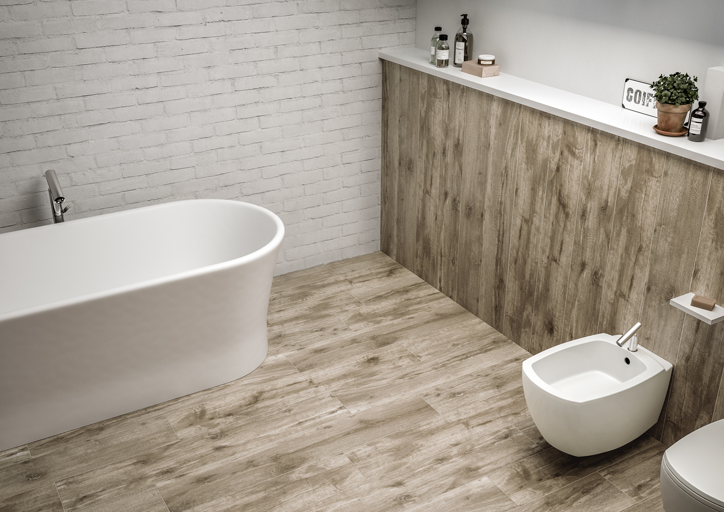Modern bathroom with wood-look floor tiles and white brick wall tiles.