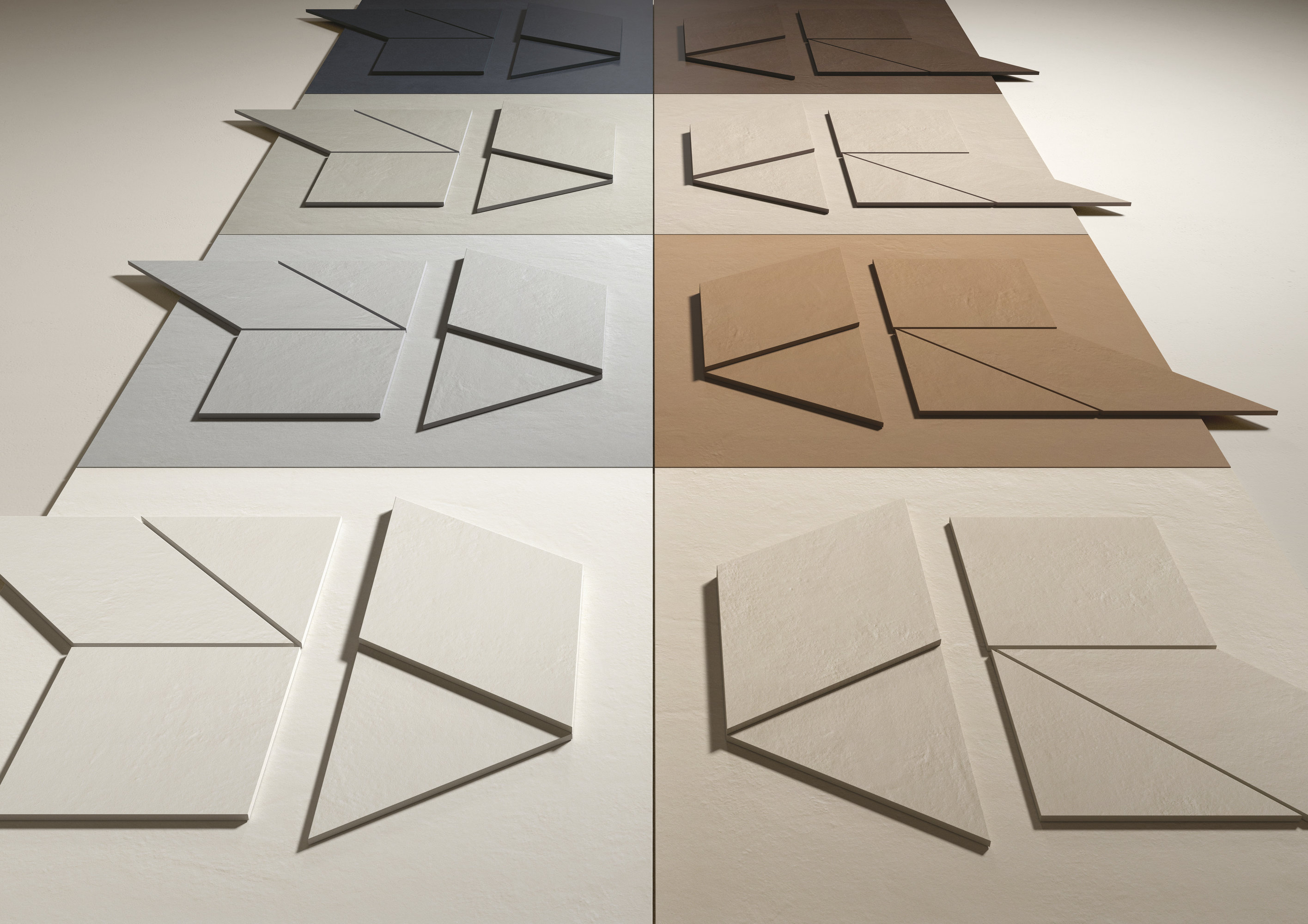 Geometric tile patterns in grey, beige, and white with exciting shadow effects.