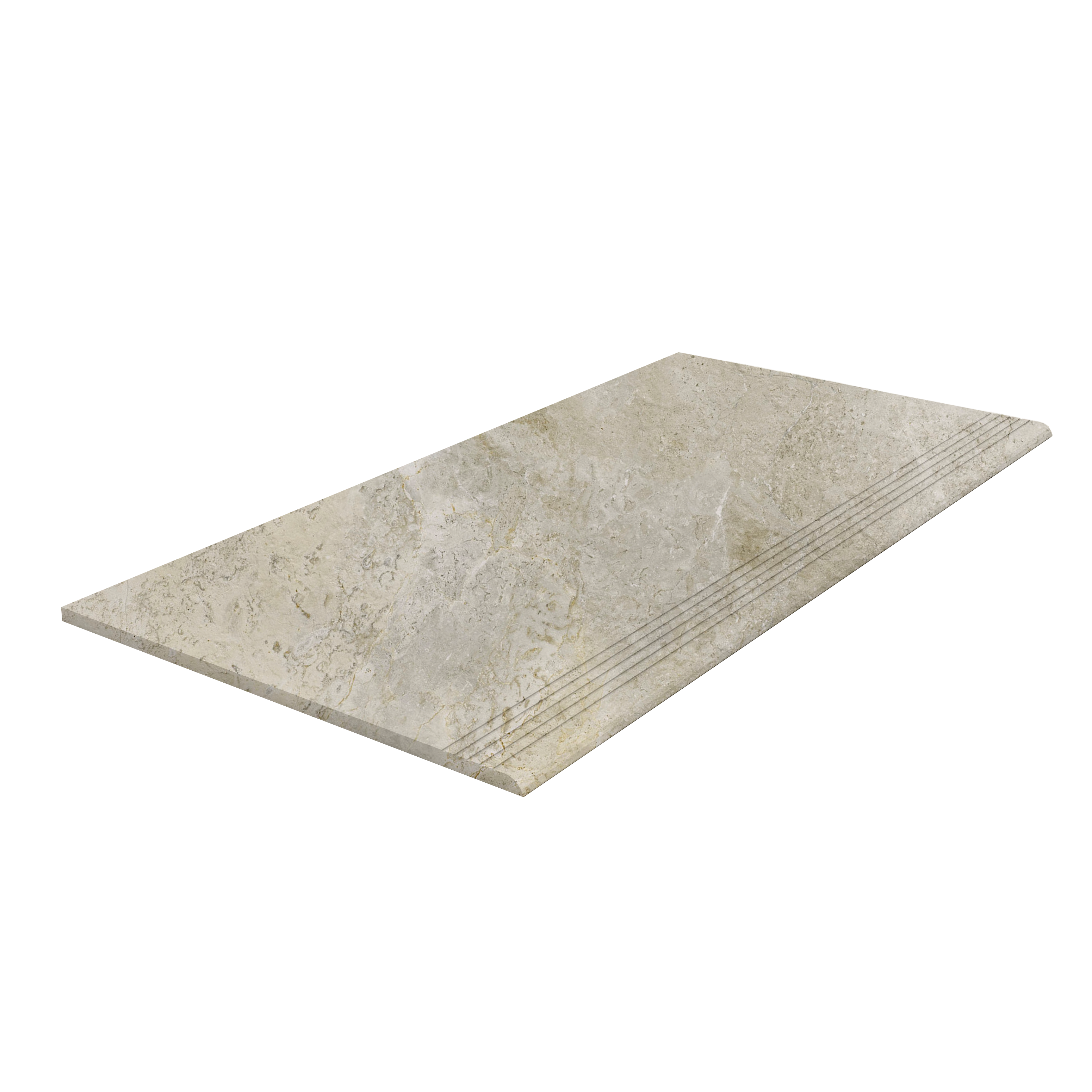 Beige natural stone effect step tile with anti-slip grooves.