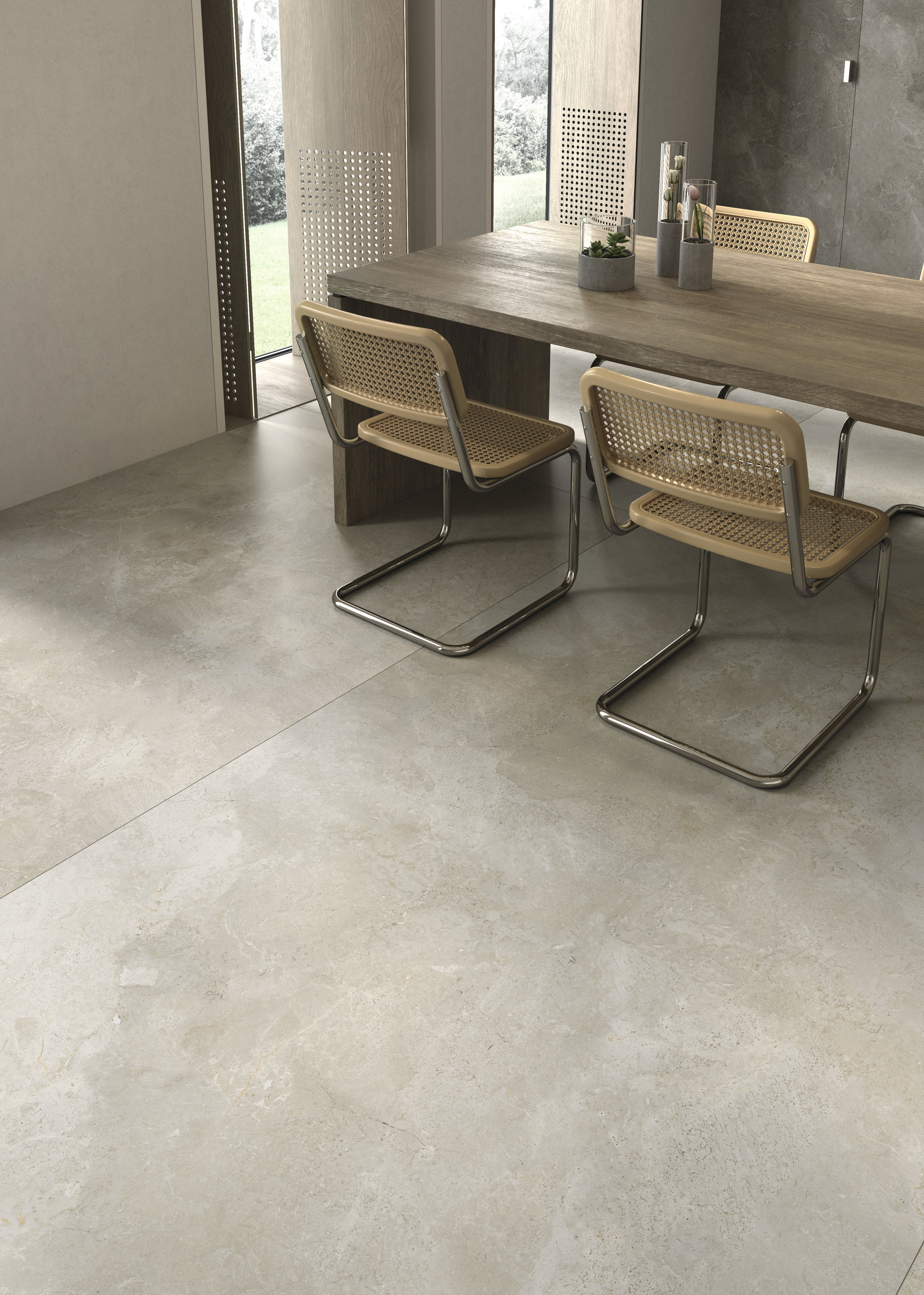 Hochwertige, helle Bodenfliesen in Betonoptik für den Innenbereich.