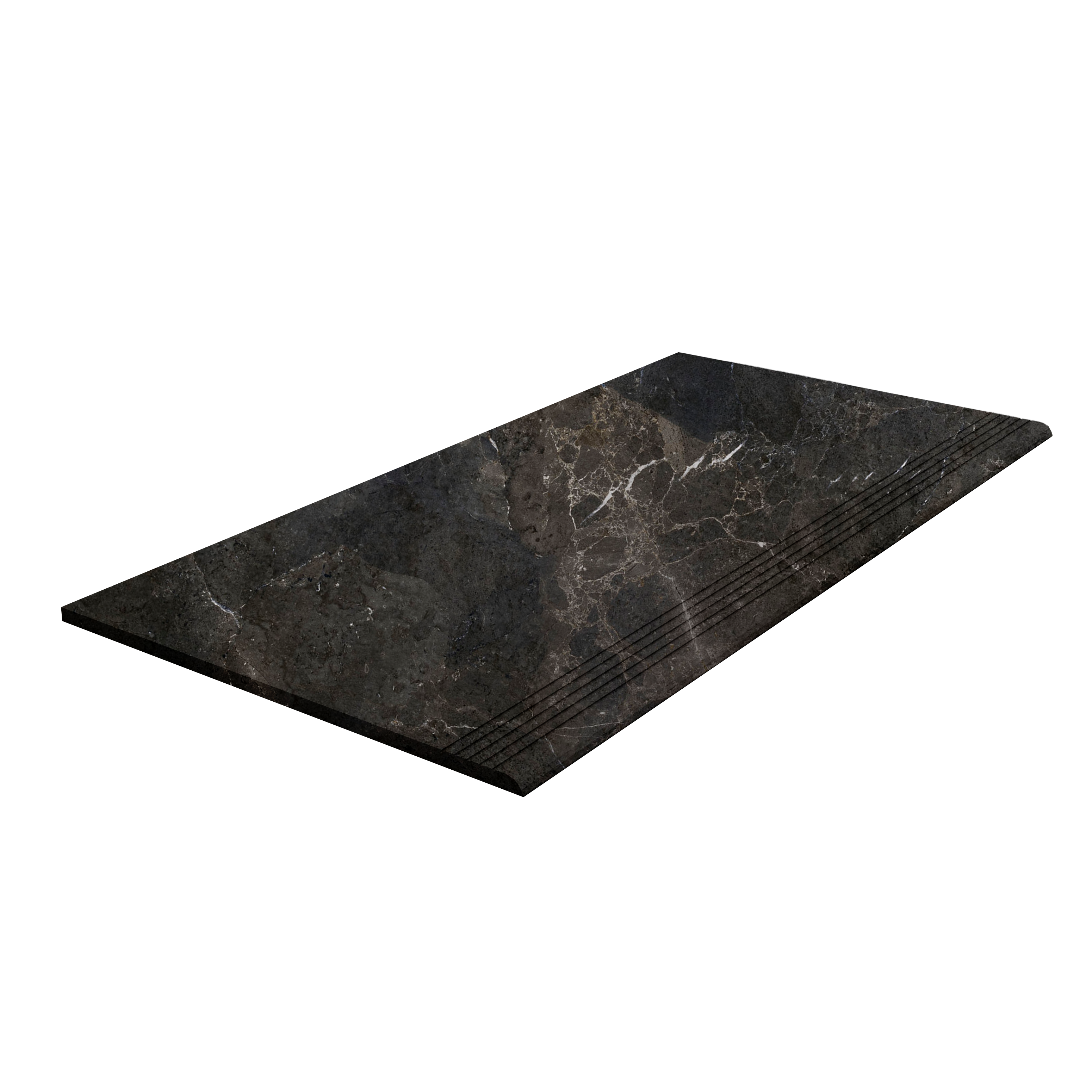 Dark marble effect stair tile with anti-slip grooves.