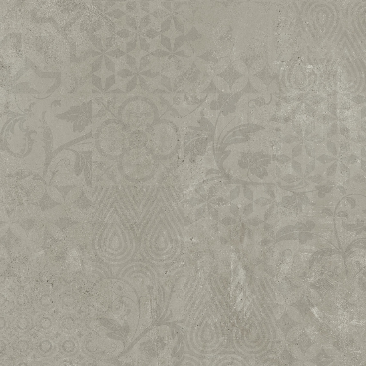 : Grey decorative tile with subtle vintage patterns.