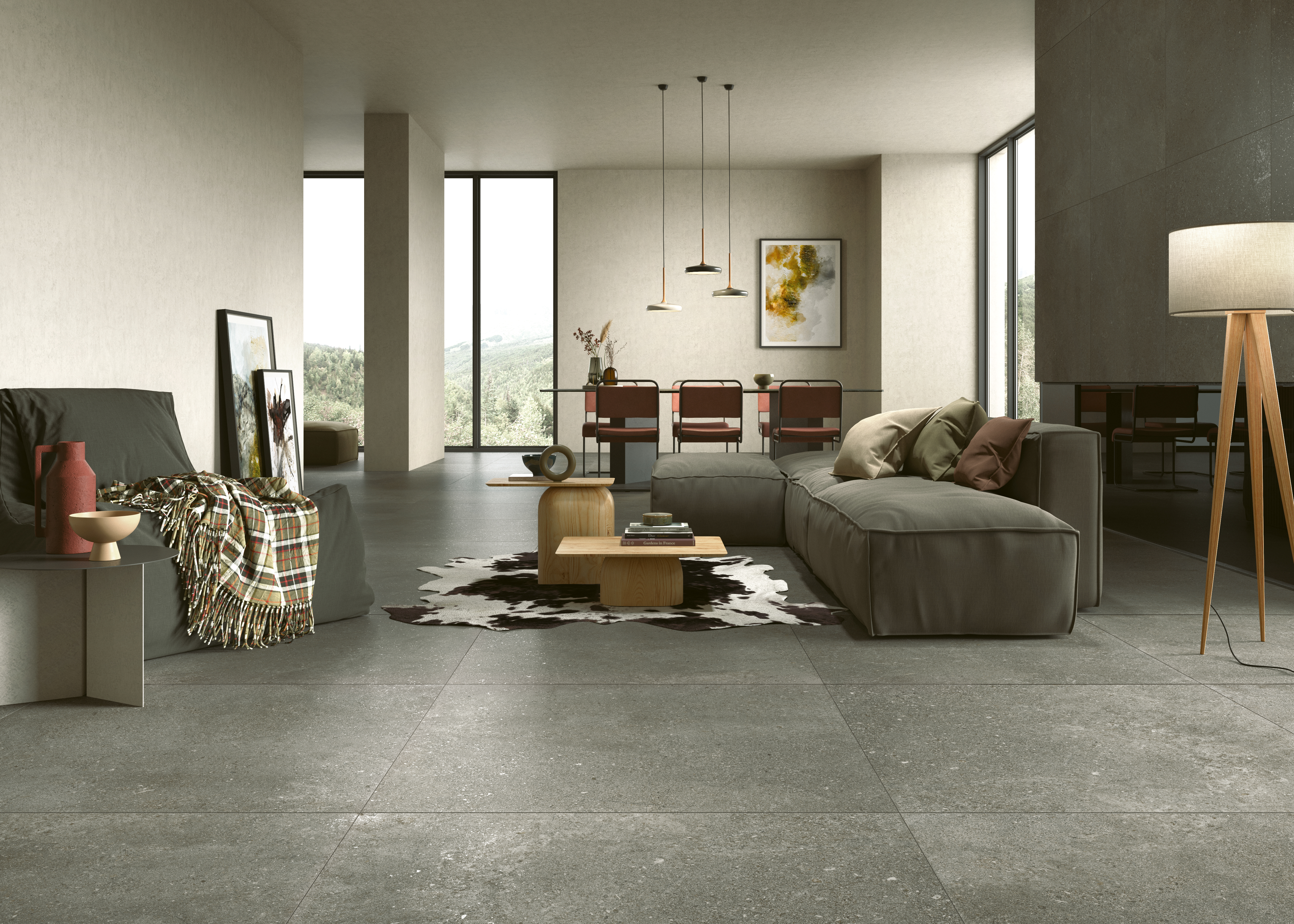 graue Steinoptik Fliesen im Wohnzimmer, grey sone effect tiles in the living room