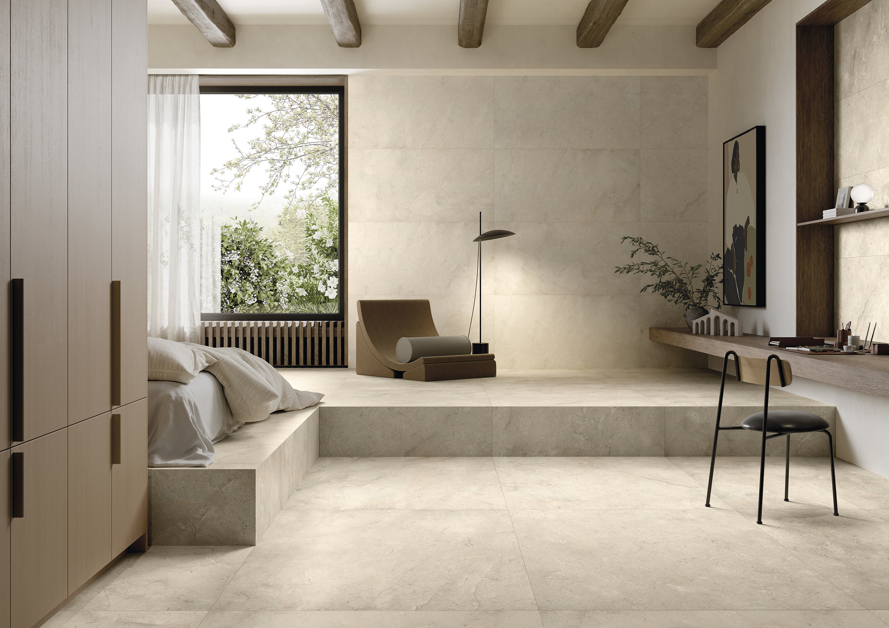 Large-format light beige tiles for a stylish bedroom.