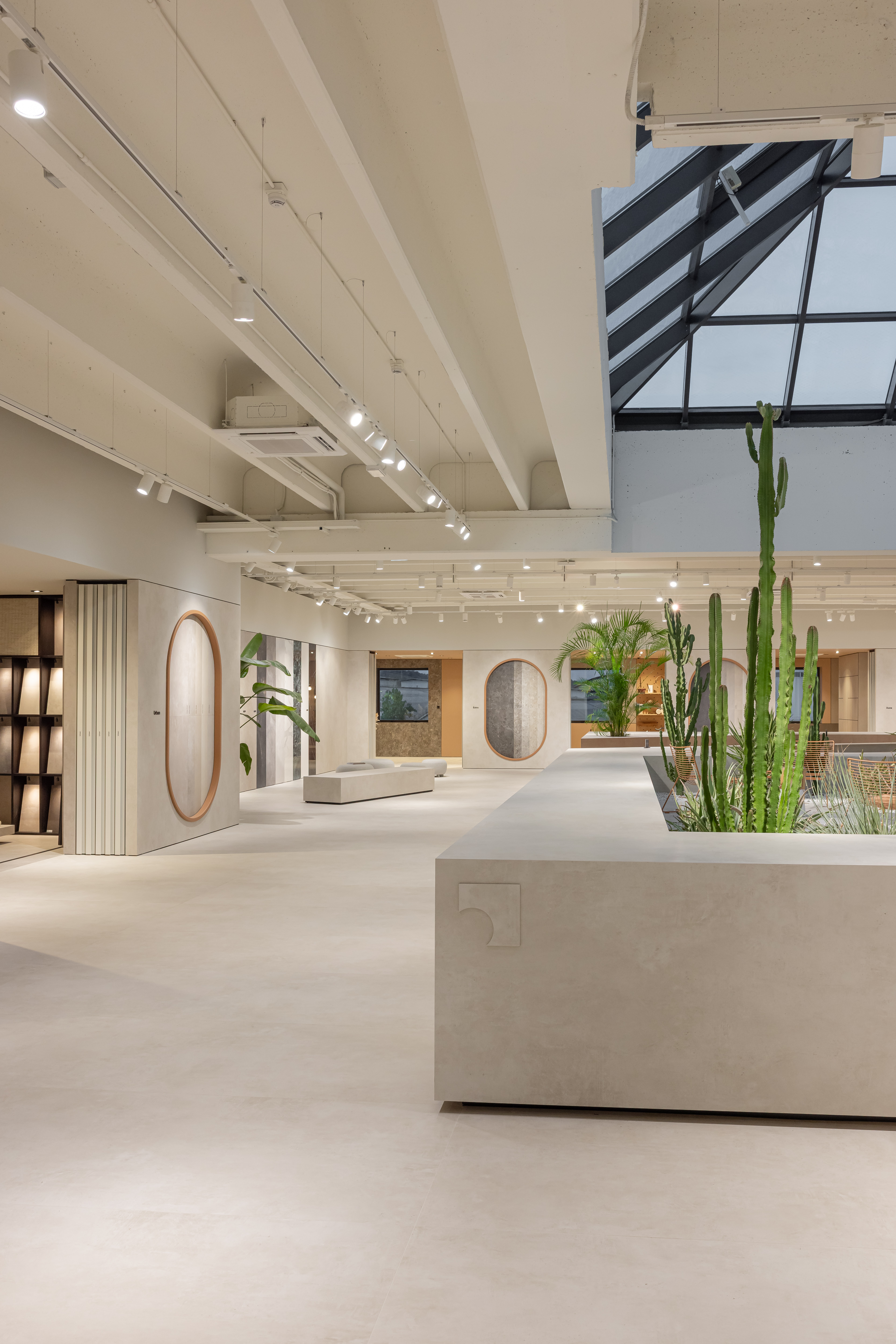 Modern tile showroom with bright, large-format floor tiles for indoor & outdoor areas.