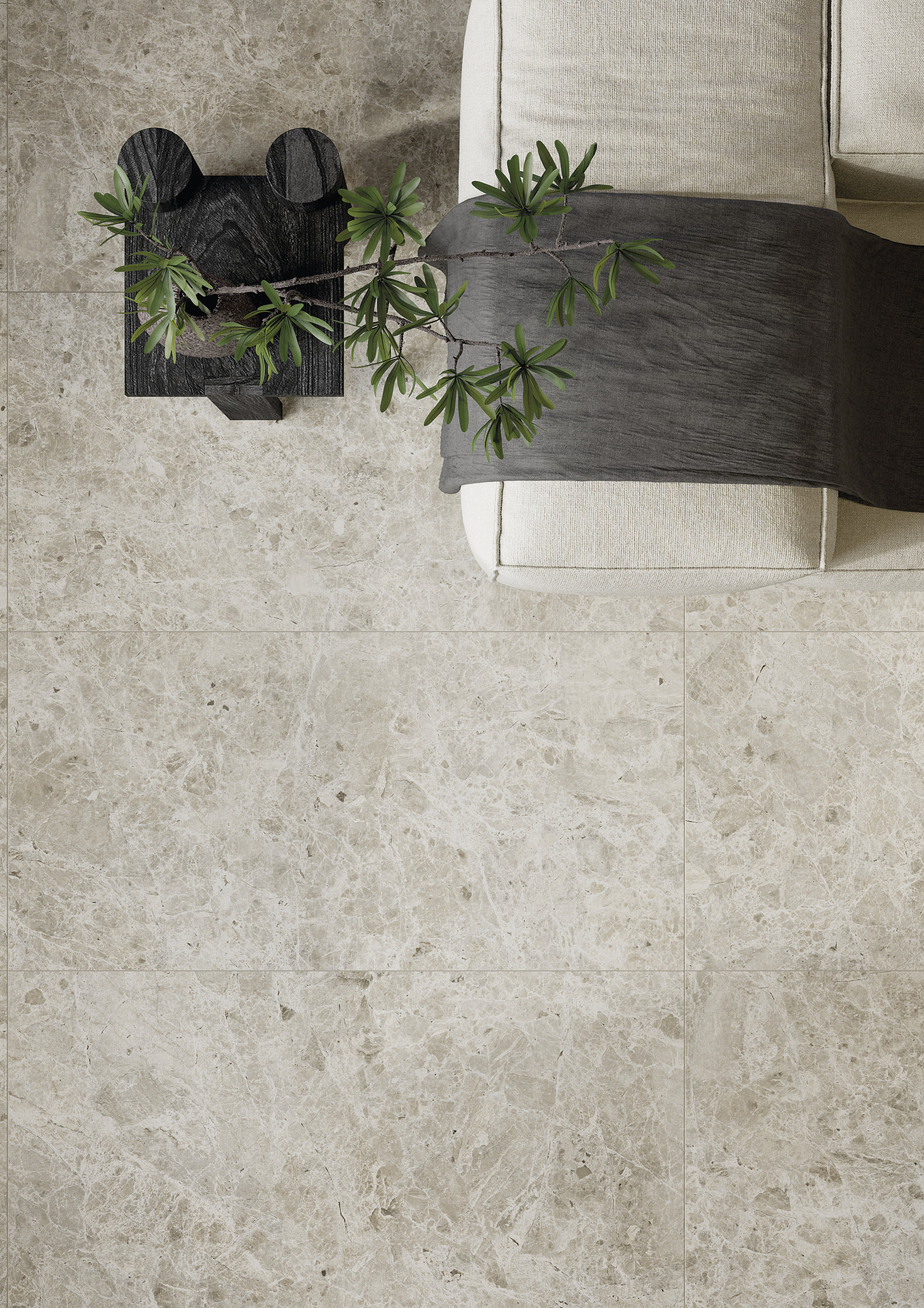 Helle, marmorierte Bodenfliesen für den Innenbereich, verlegt in einem modernen Wohnzimmer.