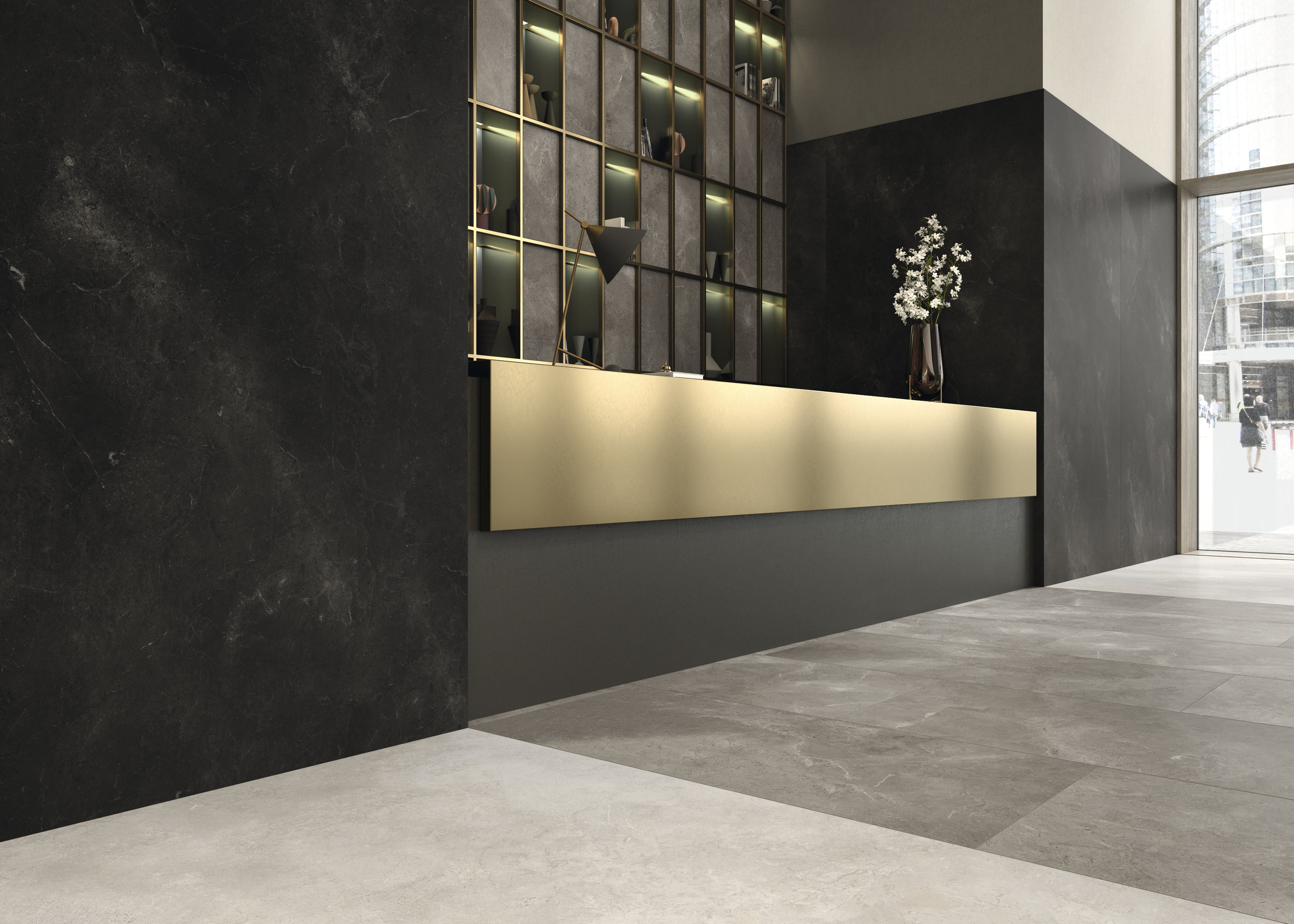 Stilvolle Lobby mit dunklen Wandfliesen und hellen Bodenfliesen.