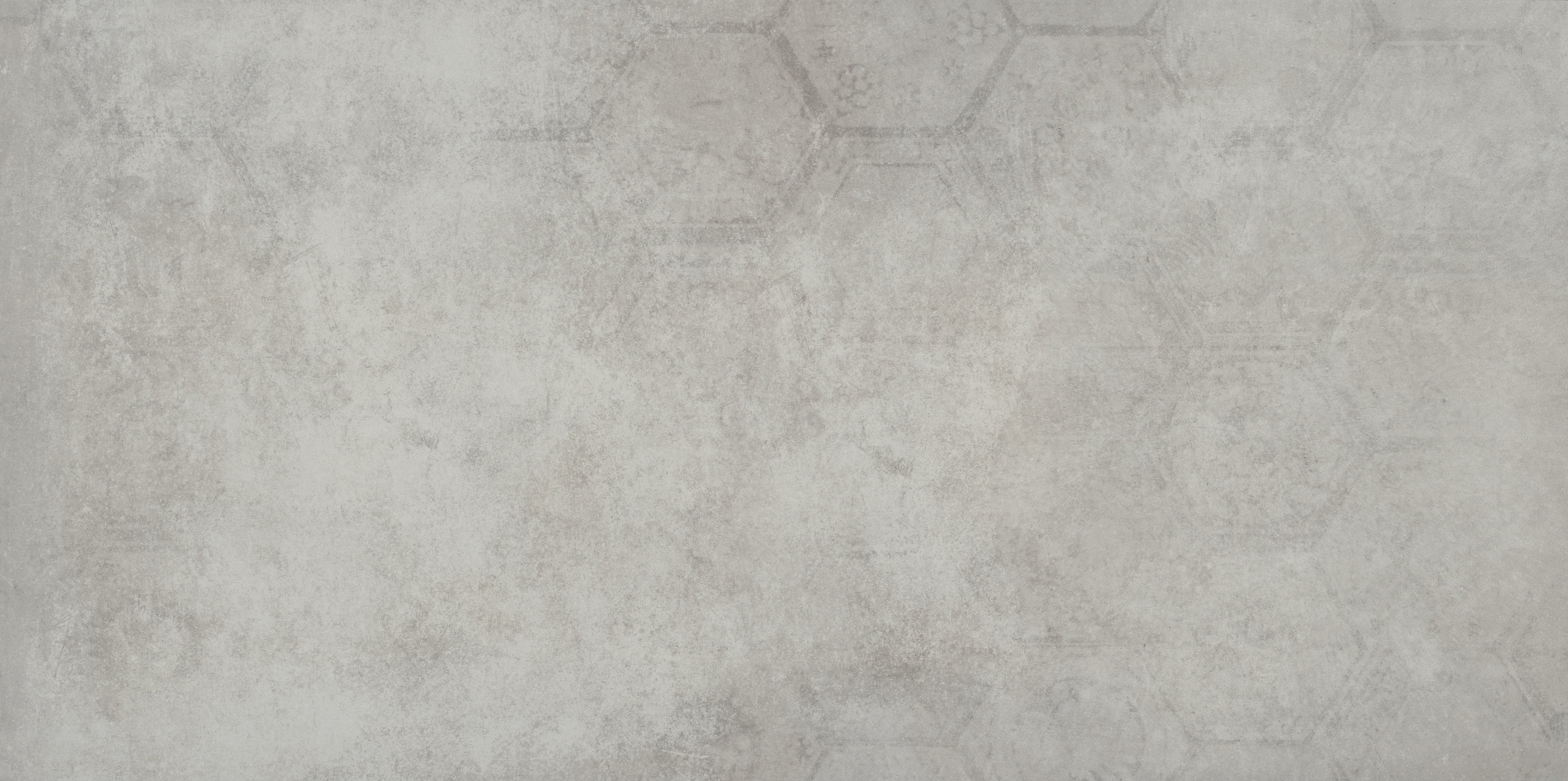 : Light grey concrete-effect tile with subtle honeycomb pattern.