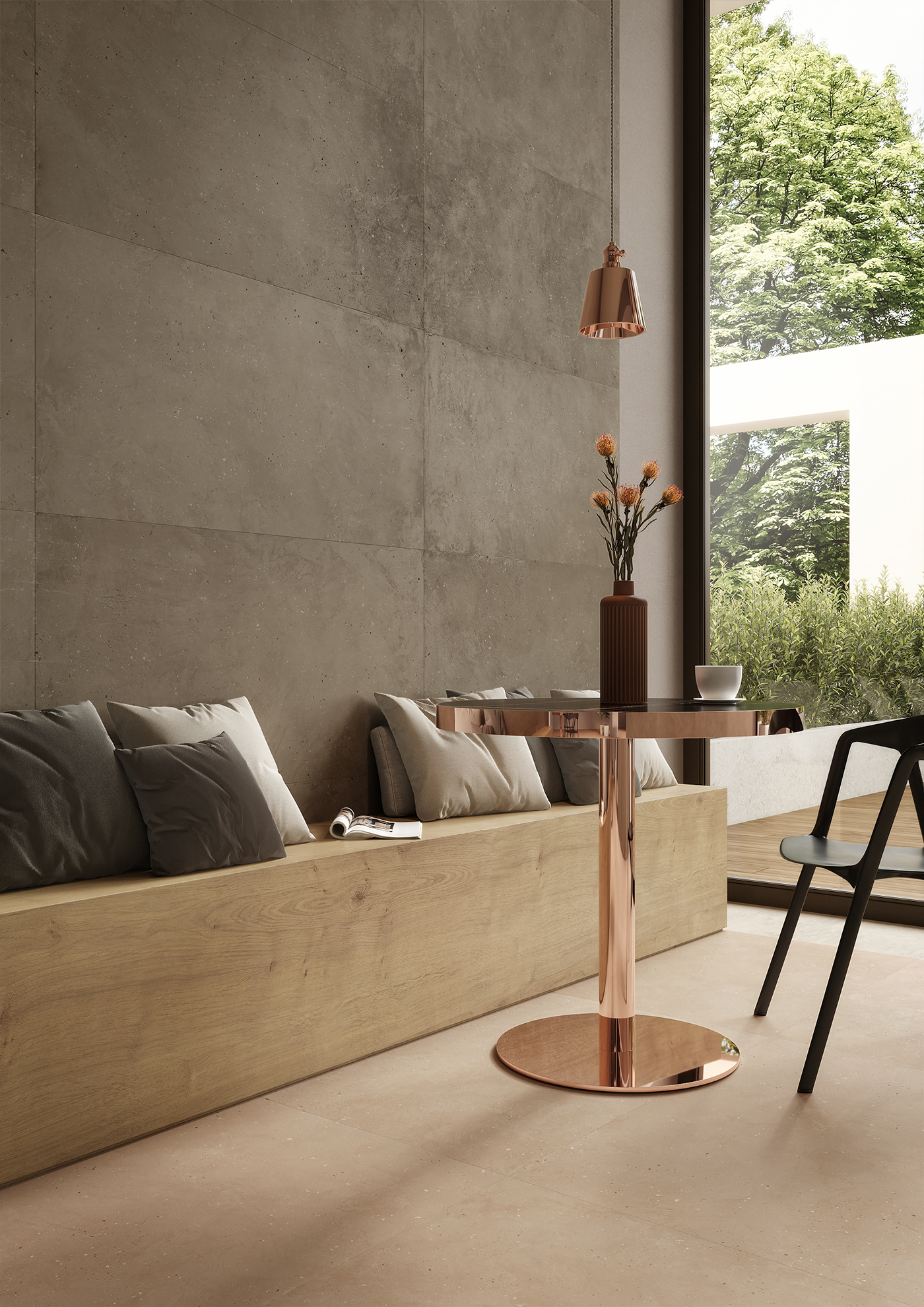 Wohnbereich mit großformatigen Fliesen an Wand und Boden, ideal für hochwertige Indoor-Gestaltung.