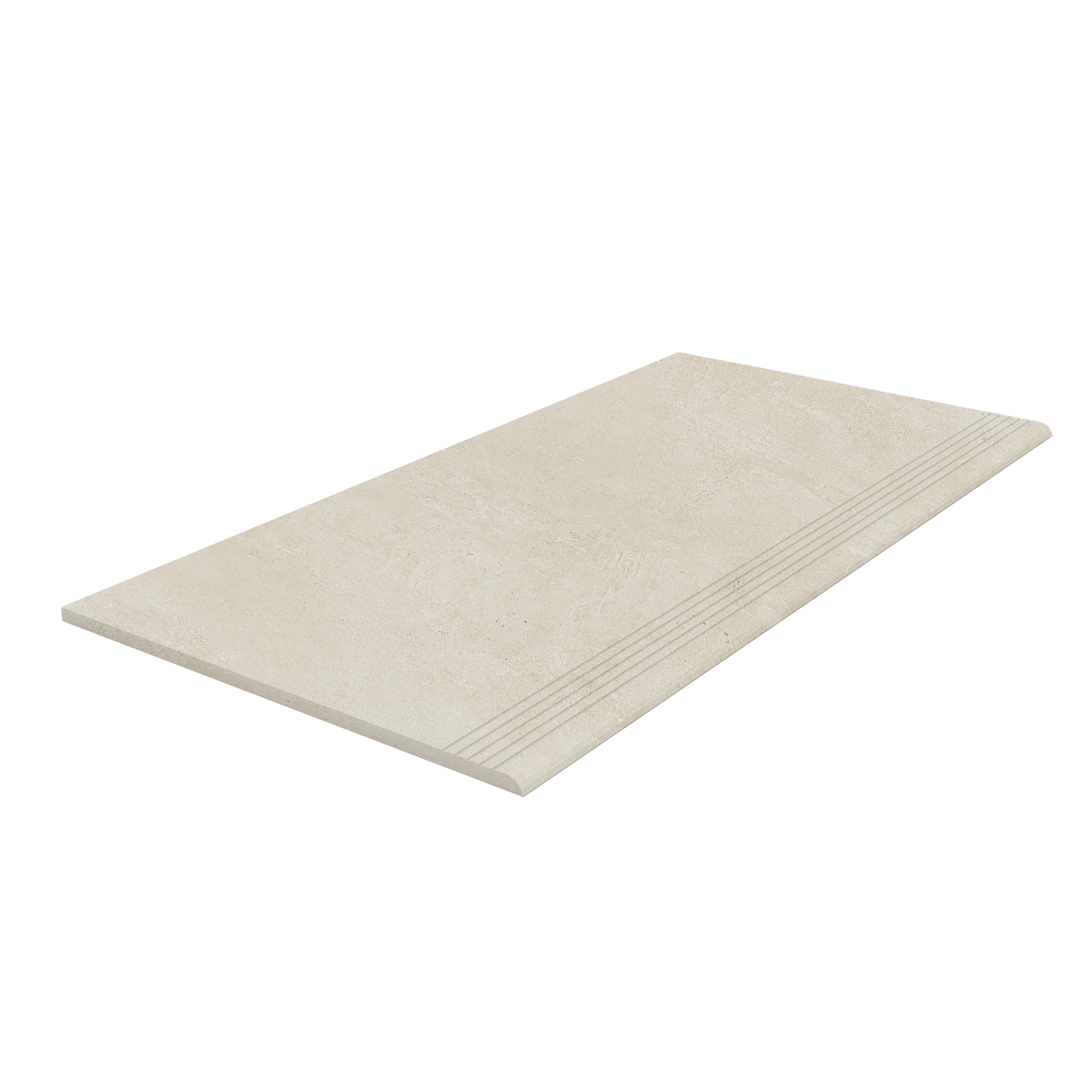 : Light natural stone look porcelain stoneware step tile with anti-slip grooves.