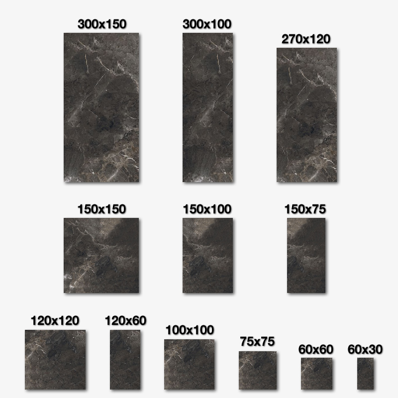 Porcelaingres dark grey veined tiles, available in multiple sizes for indoor and outdoor.