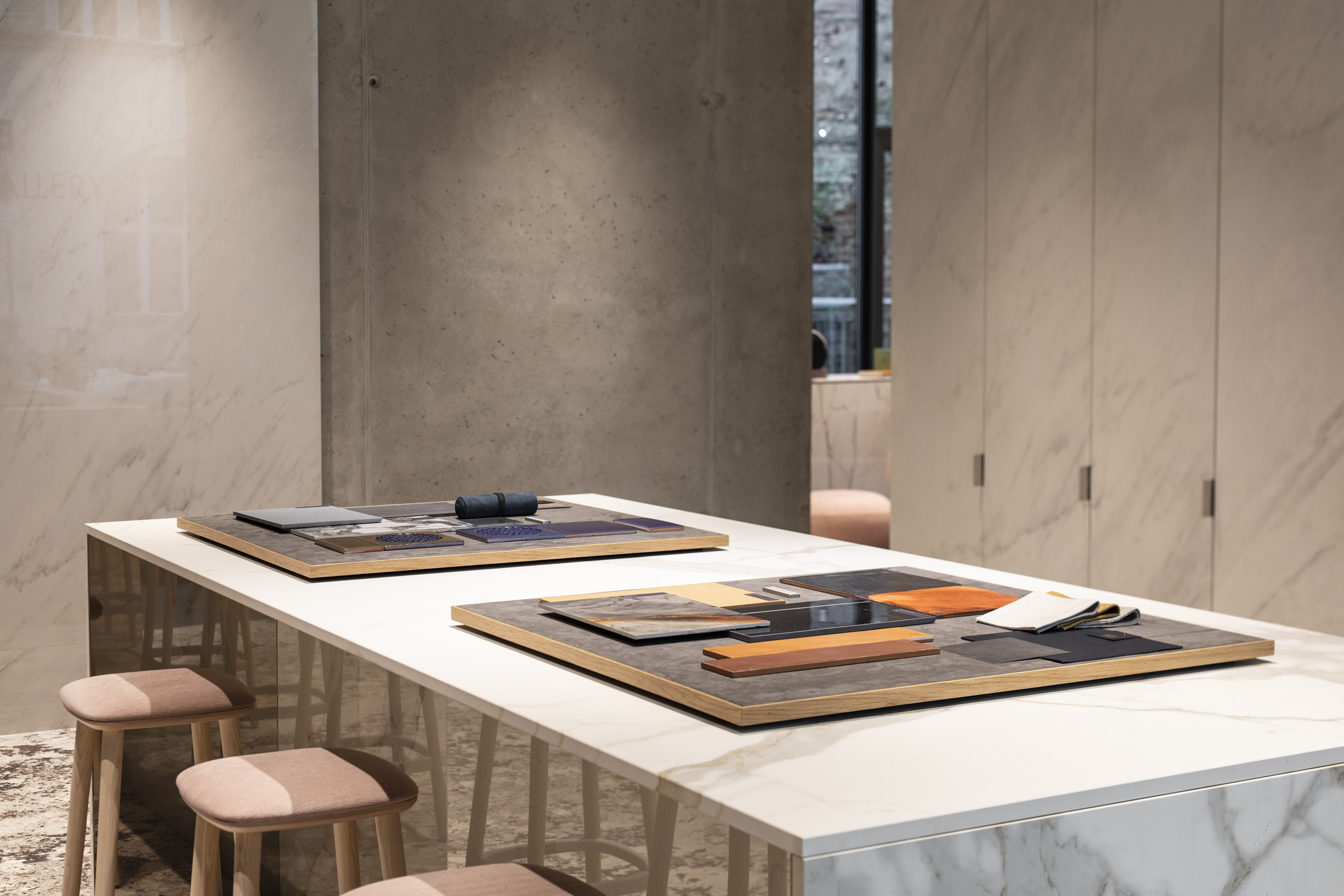 High-quality tile and material samples for showroom design consultation.