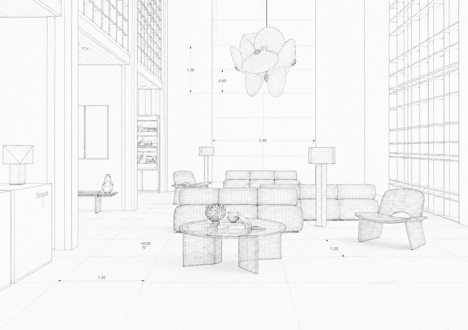 Neutral 3D wireframe model of the interior.