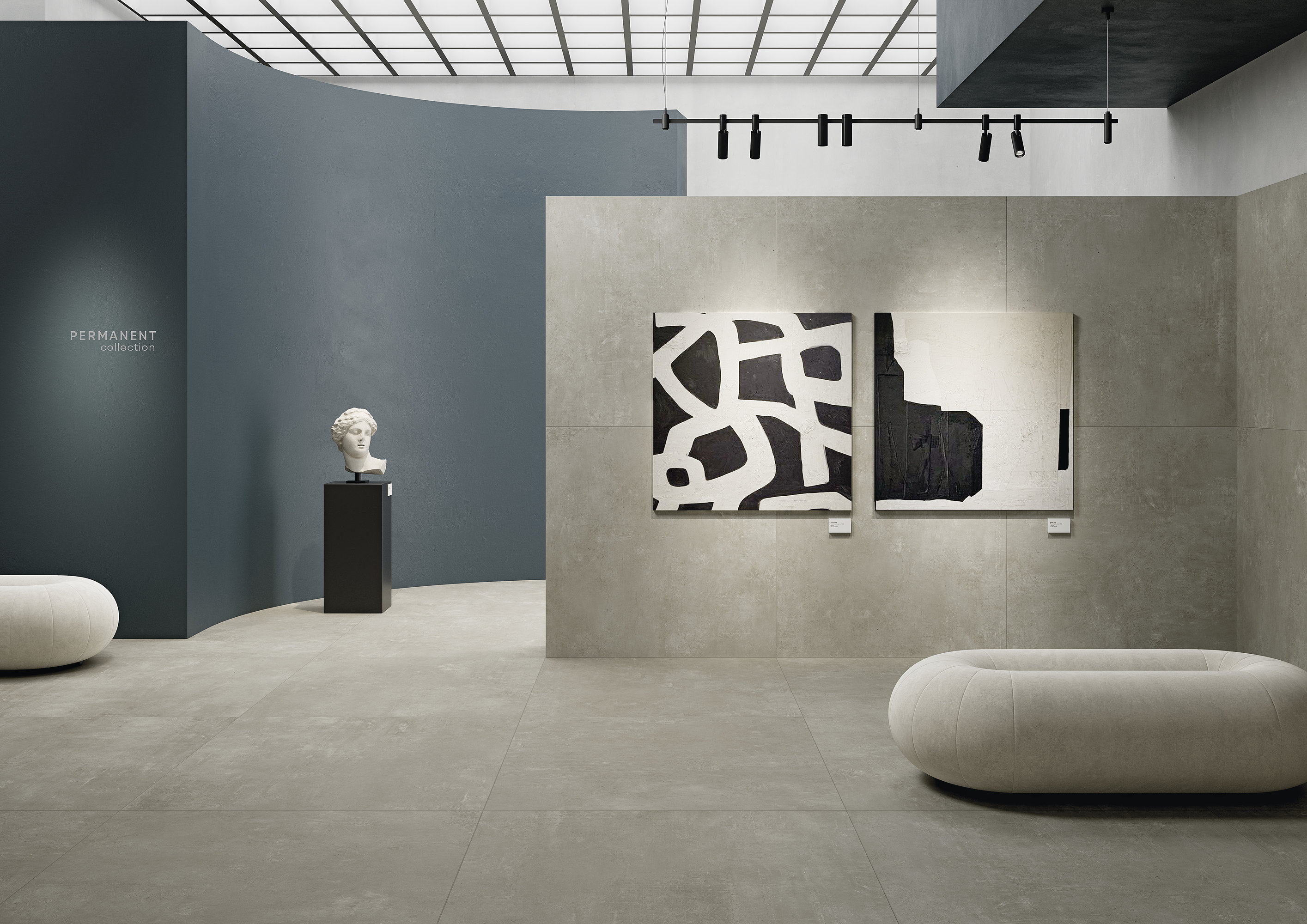 High-quality grey tiles from Porcelaingres or Schöner Wohnen in a modern showroom.